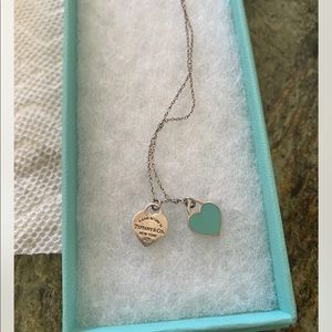 Tiffany & Co. 925 Silver "Return to" Mini Double Heart Tag Blue Enamel Necklace
